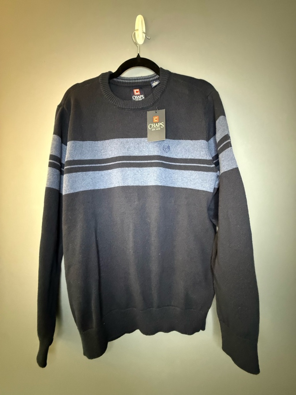 Chaps Men’s Navy Crewneck Sweater with Light Blue Stripes
